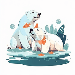 两只吃鱼的北极熊
