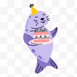 拿着蛋糕的海豹抽象线条动物涂鸦