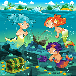 卡通热带岛屿图片_Seascape med sjöjungfrur och triton.