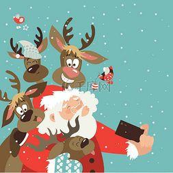 欢乐12图片_圣诞老人和驯鹿采取自拍照