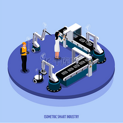 智能工厂插图图片_等距智能行业背景圆形平台两名工