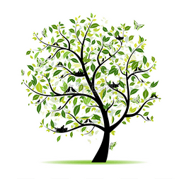 绿色背景植物图片_春天树绿色与鸟为您的设计