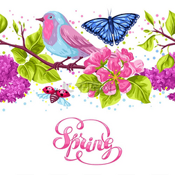 小鸟和小鸟图片_春季花园无缝图案花朵知更鸟和蝴