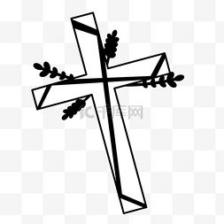 十字架装饰图片_植物装饰左斜放十字架剪贴画黑白