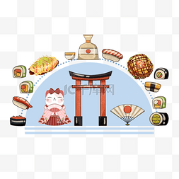 神社边框图片_蓝色日本美食寿司神社图案