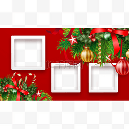 红色相框模板图片_圣诞节绿叶圣诞圆球红色相框