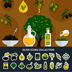 绿色和黑色橄榄图标集合，包括树