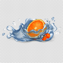 清澈的水滴中有半个橙色的水果在