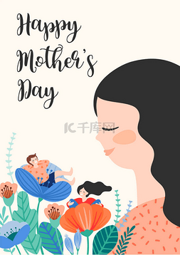 母亲节图片_母亲节快乐。妇女和儿童在花朵中