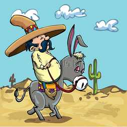 动漫墨西哥骑着毛驴走在沙漠中