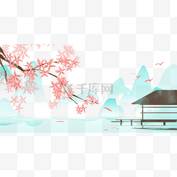 湖水湖水图片_水墨山水花枝风景