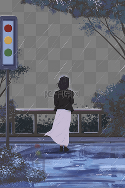 街道的场景图片_暴雨天里的女孩