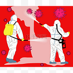 一群身着防护服、身披红色背景的人带着大肠埃希菌的病媒图像。穿着防护服的医生会消灭细菌.