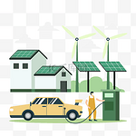 太阳能电池板风车发电汽车环保绿色能源概念插画