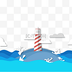 海洋剪纸风格灯塔