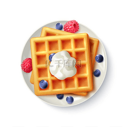 树莓图标图片_早餐华夫饼逼真俯视图早餐菜单项