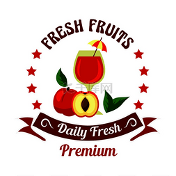 标志设计绿叶图片_农场新鲜的桃子图标与果汁杯，装