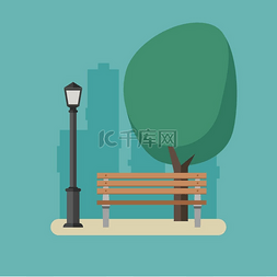 板凳图片_带长凳和路灯的公园。城市中的户