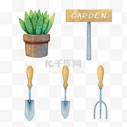 园艺工具和指示牌水彩