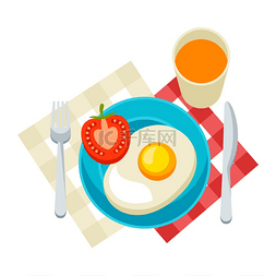 果汁广告素材图片_早餐插图煎蛋番茄酱和果汁咖啡馆