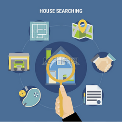 房子出售图标图片_房屋搜索概念蓝色背景平面矢量图