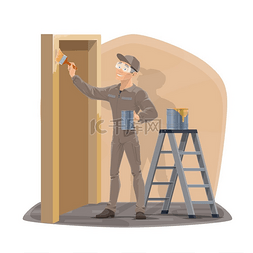 门业首页模板图片_画家用画笔画家墙和门。