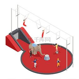 马戏团大象表演图片_等距构图马戏团与空中杂技演员的