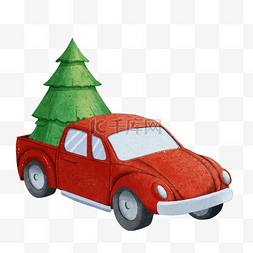 水彩汽车圣诞树图片_圣诞节红色汽车水彩
