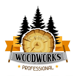 汽油伐木机图片_带有木桩和锯子的木制品标签。