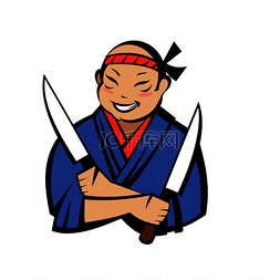 日本厨师穿着和服，拿着两把刀。