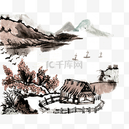 水墨云雾山水画图片_岸边小山村水墨