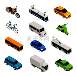 摩托车png图片_城市交通等距图标集与不同的孤立