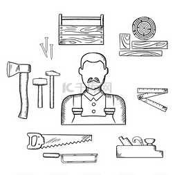 锤子钉子图标图片_木匠职业素描图标与小胡子人、木