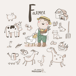 卡通背景猪手绘图片_专业英文字母 f-农夫