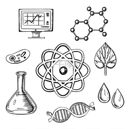 dna水分子图片_生物学和化学素描图标，鲜叶周围