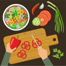 厨房俯视图图片_俯视图烹饪用蔬菜做沙拉矢量插图