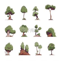 桦木森林图片_卡通树平面童话般的细节图形元素
