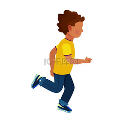 矢量卷发小男孩图片_穿着黄色 T 恤、牛仔裤和运动鞋的