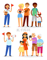导游向量人和女人的角色指导观光旅游组的游客度假插图集的旅行的人家庭与孩子老人查出的白色背景