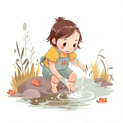 海边玩水图片_夏季可爱卡通抓鱼小女孩