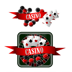 带有游戏筹码的赌场图标、扑克牌