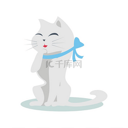 宠物小猫图片_可爱的卡通猫与蓝丝带。