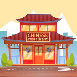 中国餐馆或寿司吧建筑立面与招牌