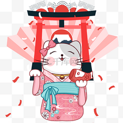 猫和服图片_粉色招财猫日本鸟居樱花