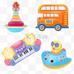 夏季玩具海报背景图片_水彩婴儿儿童玩具巴士钢琴层层叠