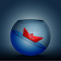 蓝色折纸背景图片_抽象的想法作为红纸折纸船漂浮在