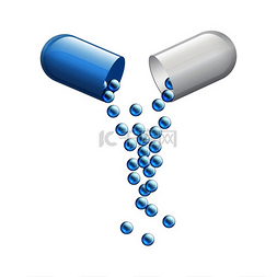 蓝色背景医疗图片_逼真的医用胶囊药丸维生素抗生素