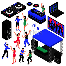 音乐酒吧图标图片_和音乐等轴测集带有舞蹈符号的孤