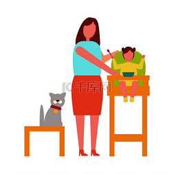 女服装首页图片_照顾婴儿和猫坐在他们附近的女人