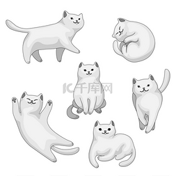 虎皮毛球图片_一套卡通白猫。
